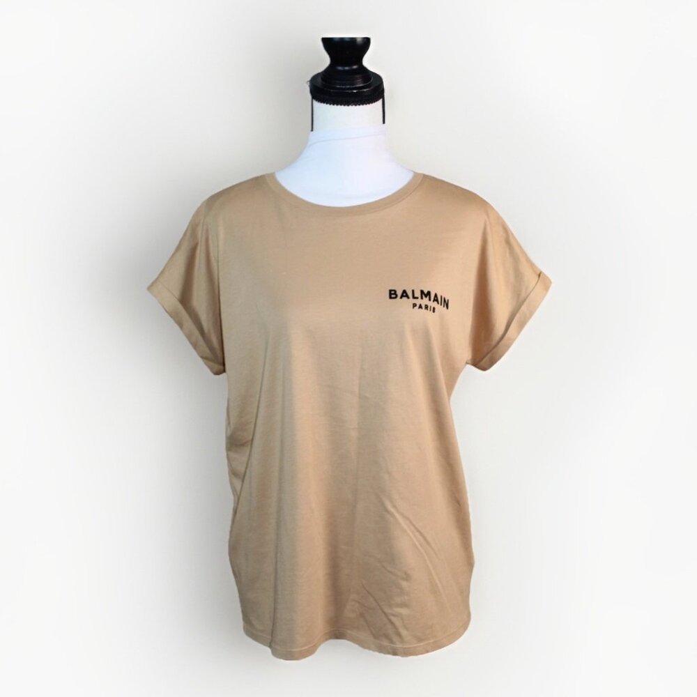 Balmain Paris Brown Timber Original Logo Womens T-Shirt Size S EUC